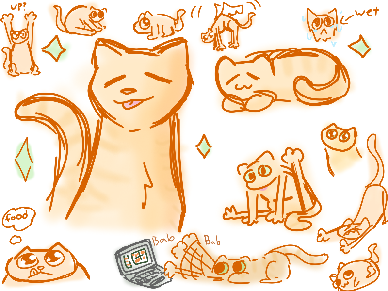 a digital drawing of several stanleys. the style is reminiscent of watercolor, and is all in shades of pale orange. stanley is pictured in many activities and shapes, including sitting with his leg sticking straight up, smacking a computer, and sopping wet